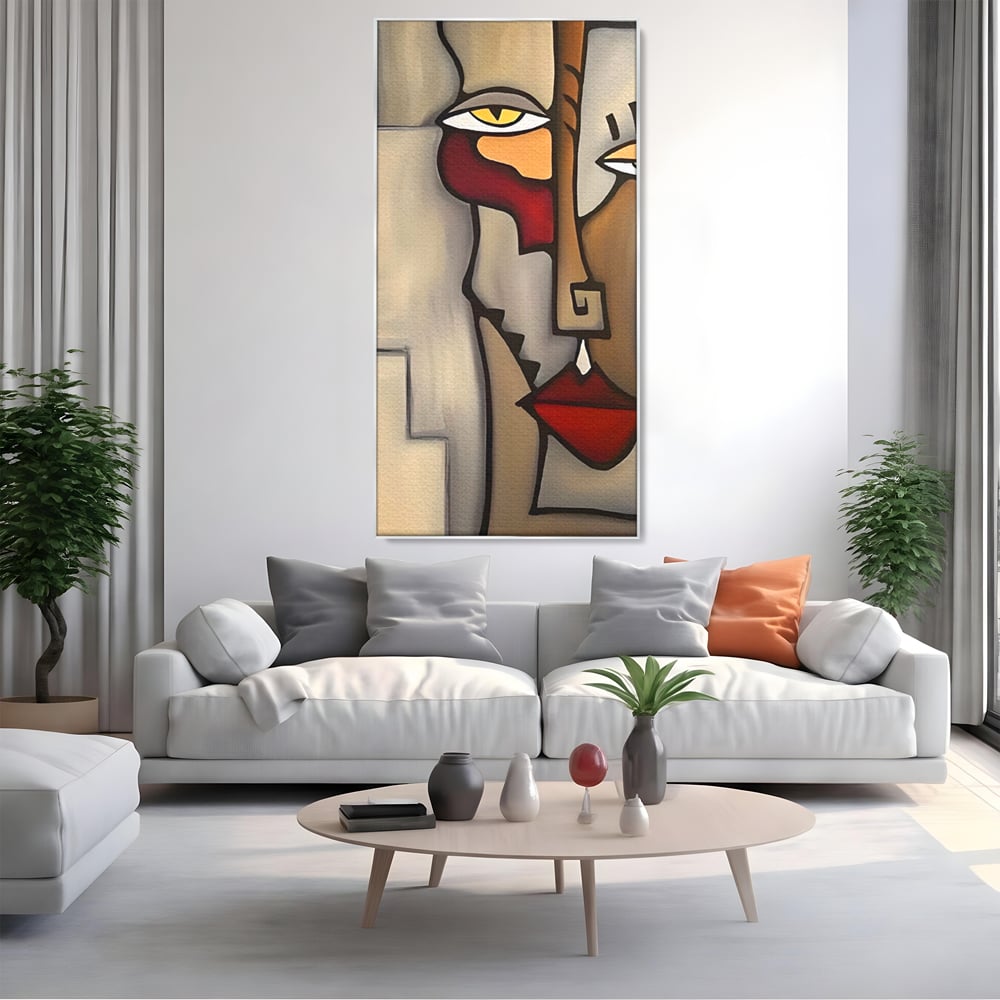 Tablou canvas cu tablou canvas cu portret cubist, in rama de aluminiu argintiu, pe perete intr-un living